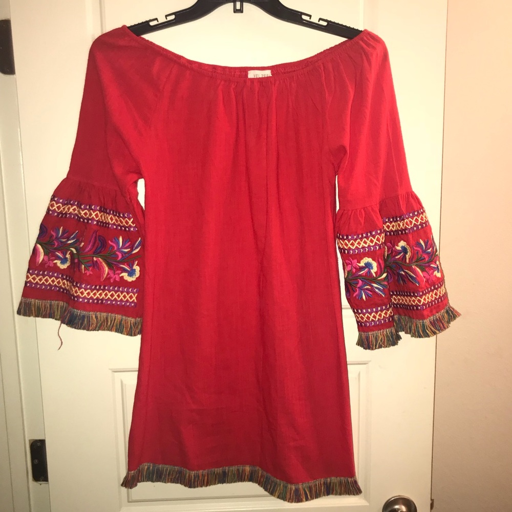Red Off-Shoulder Fringe Peasant Tunic